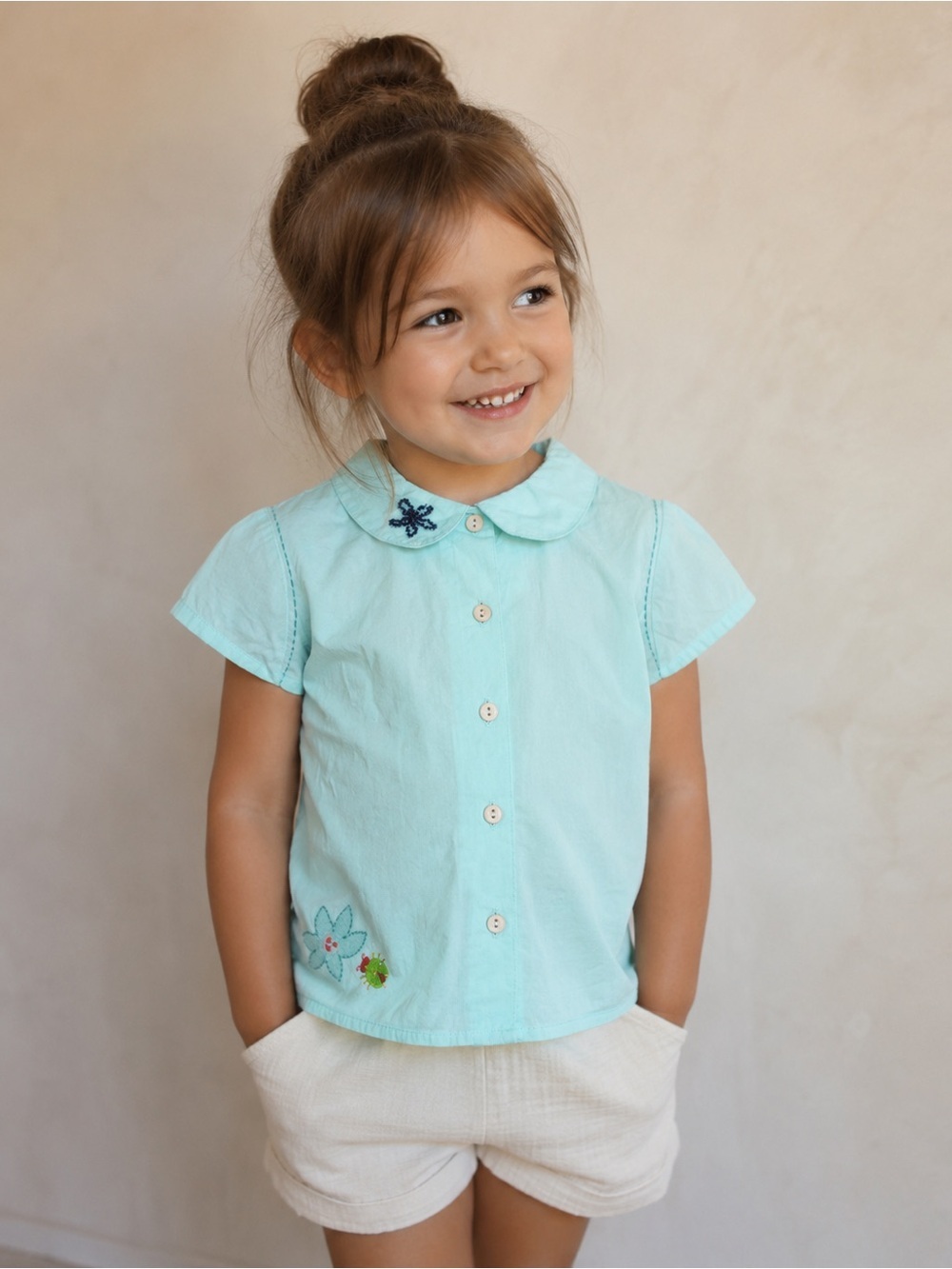 Dpam Girls Sz 4 Blue Peter Pan Collar Beaded Blouse Short Sleeve Shirt Top